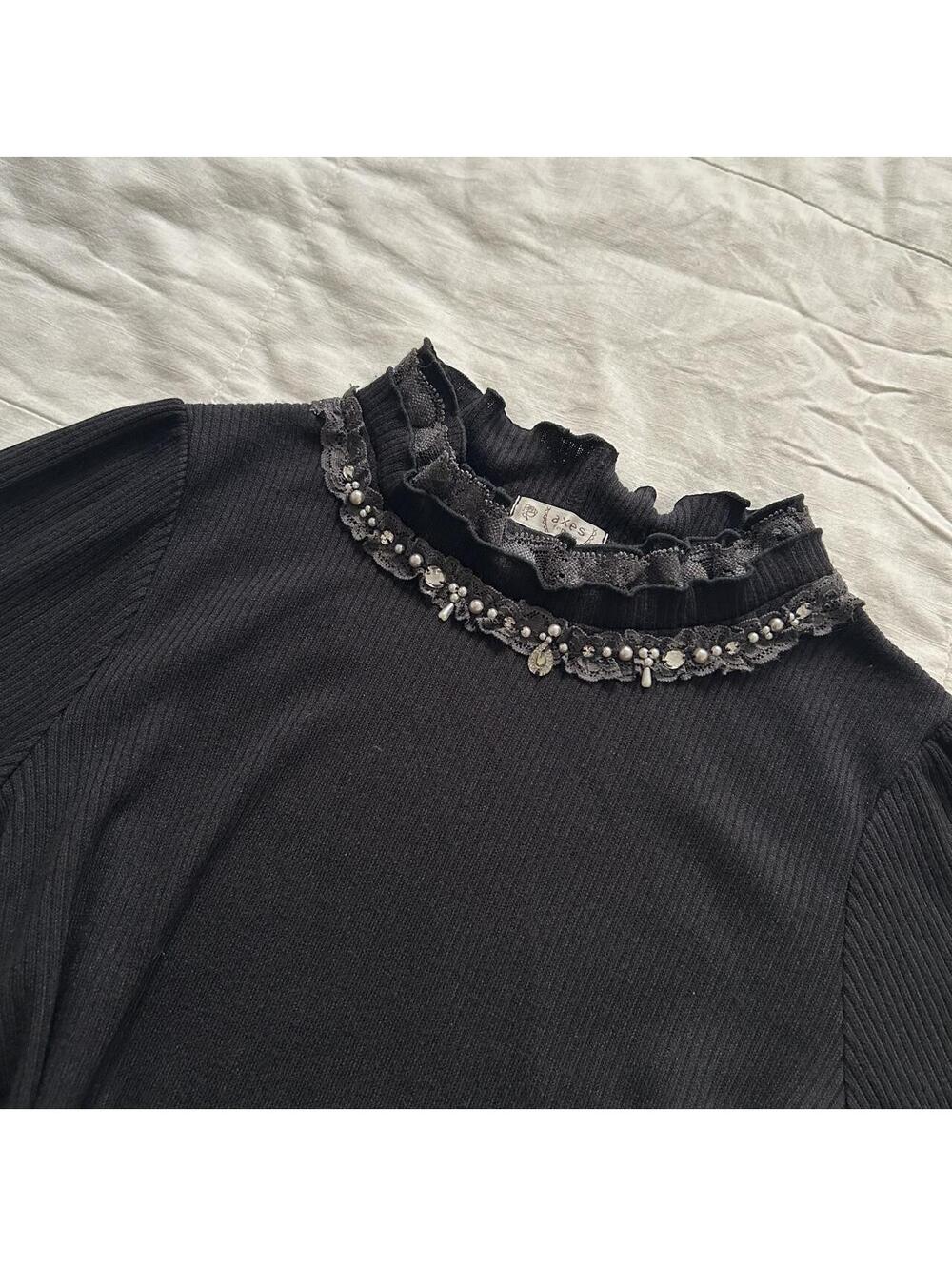 Axes Femme Black Beaded Lace High Neck Knit Top Goth Size M Japan - Picture 4 of 7